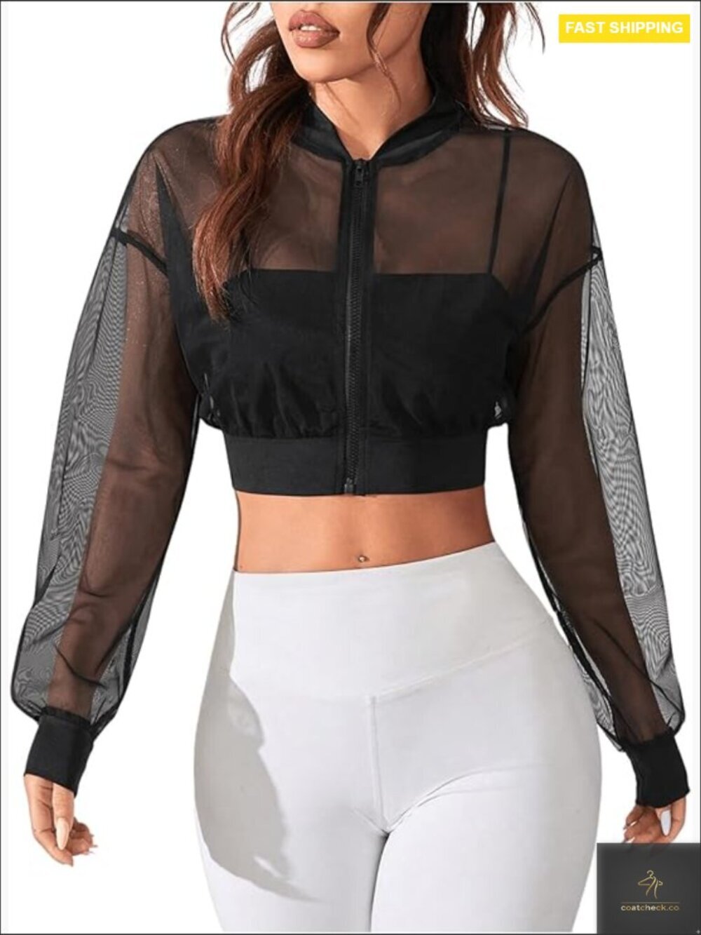 Sheer Mesh Crop Athletic Jacket Lightweight Long Sleeve Zip Up Workout Outwear